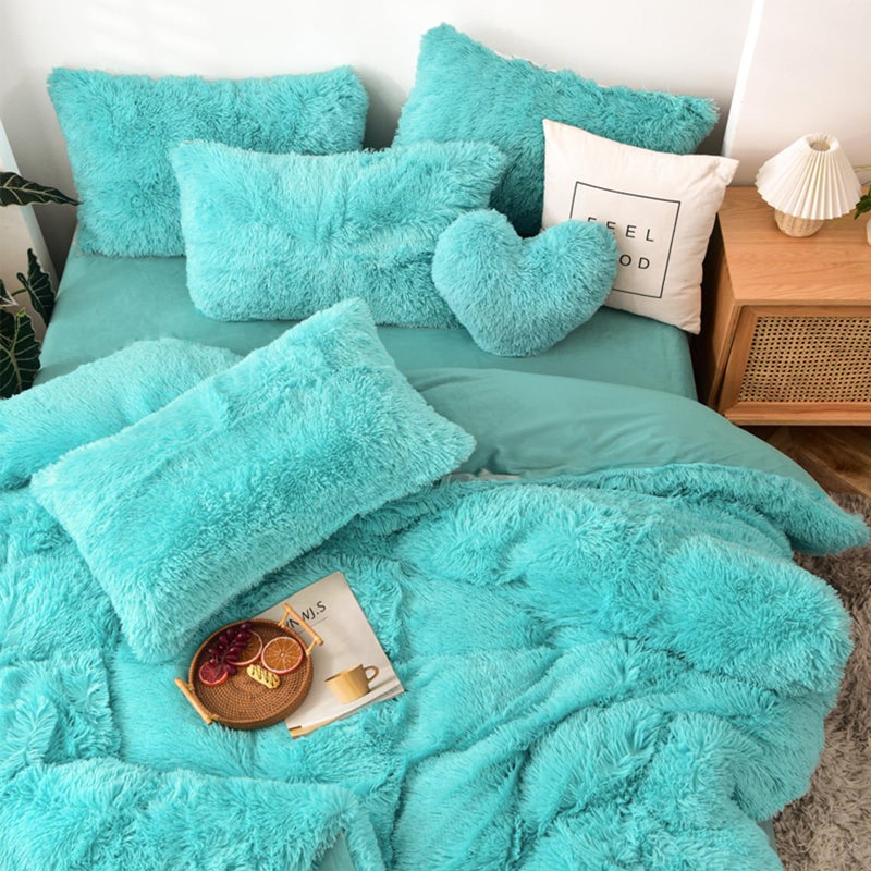 MorroMorn 5 PCS Shaggy Duvet Cover Bedding Set - Long Faux Fur Luxury Ultra Soft Cozy (Aqua, King/California King) - Image 2